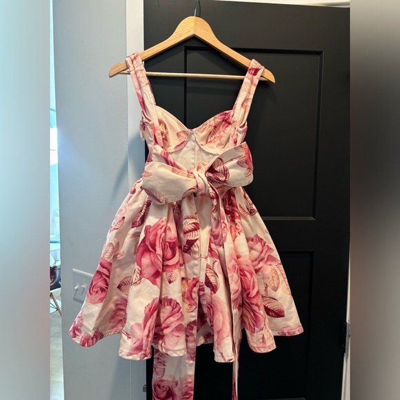 ASOS LUXE denim corseted printed skater mini dress bow back pink Rose floral NEW - Picture 6 of 8